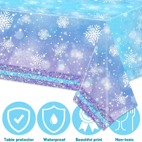 Vista 6 de Mantel de copo de nieve azul y blanco, 3 piezas, mantel rectangular de plástico desechable, 70 x 43 pulgadas, suministros para fiesta de cumpleaños