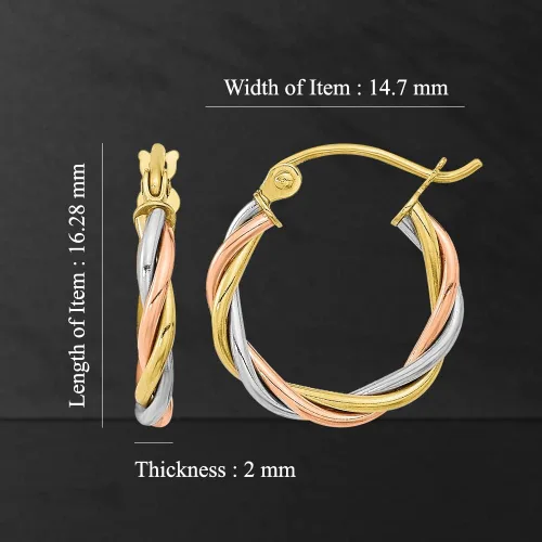 Vista 4 de Diamond2Deal Aretes de aro trenzados de oro tricolor de 10 quilates, para mujer (L-0.641in, W-0.579in), Metal
