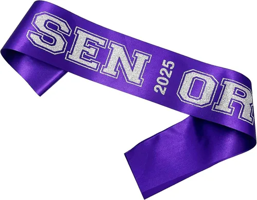 Vista 4 de Senior Sash 2025, bandas moradas, paquete de 10 con letras plateadas con purpurina, bandas para celebraciones de graduación de clase 2025