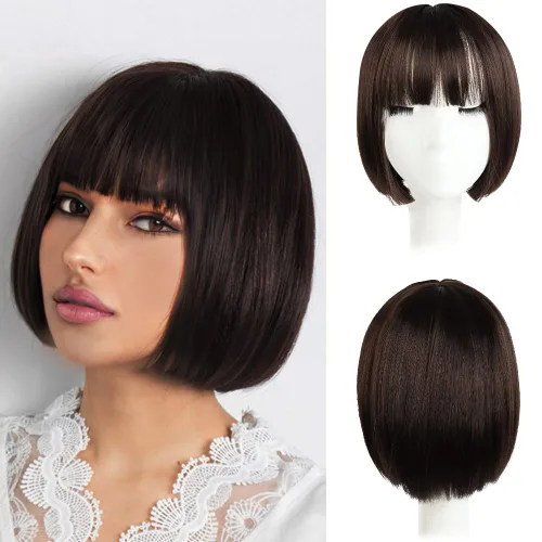 Vista 23 de Pelucas Bob con flequillo, peluca de cabello castaño rojizo de 10 Caoba
