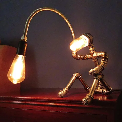 Vista 6 de Lámpara de mesa Steampunk, robot de tubería de agua, estilo industrial vintage, lámpara de mesa de escritorio para mesita de noche, cafetería, bar