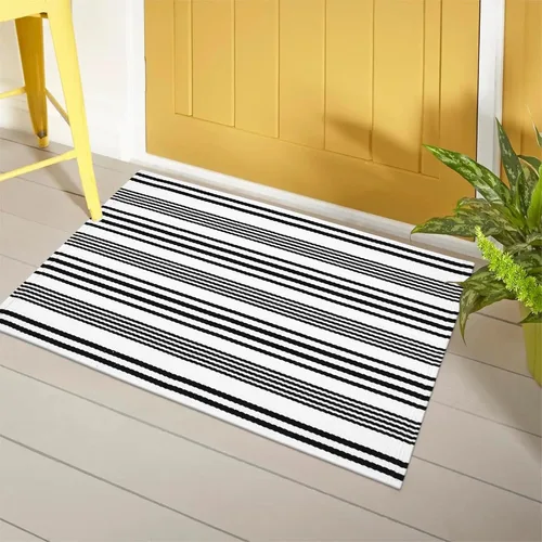 Vista 8 de Alfombra de exterior a rayas blancas y negras, 2 x 3 pies, de algodón, moderna, tejida a mano, reversible, para porche, puerta de bienvenida
