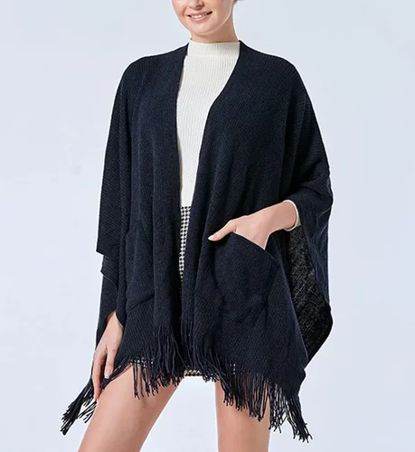 Vista 3 de Bonnorth Chal caliente para mujer, abierto Fornt Boho tejer rayas Pashmina Poncho con borla