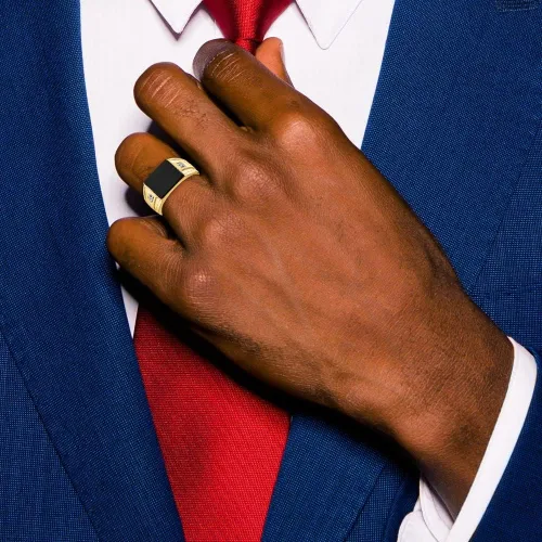 Vista 7 de Anillo de oro amarillo macizo de 14 quilates para hombre de ónix y diamantes