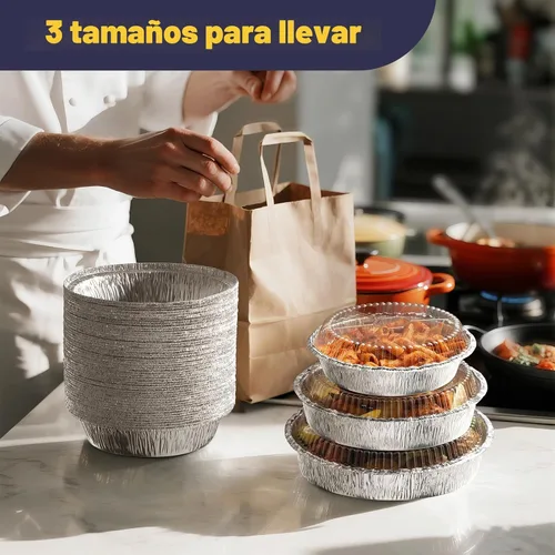 Vista 6 de Fit Meal Prep Paquete de 45 sartenes redondas de papel de aluminio de 9 pulgadas con tapas de cúpula transparentes, latas para tartas desechables