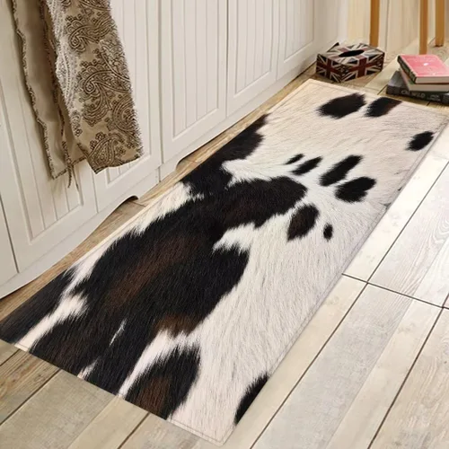 Vista 2 de Alfombra de piel de vaca para sala de estar, alfombra larga con estampado de vaca para pasillo, estampado de piel de vaca negra y marrón, alfombra