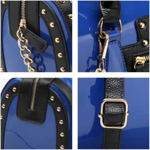 Vista 6 de Dasein Bolso Barrel para Mujer de Cuero Sintético de Charol Brillante con Decoración de Remaches Asa Superior Cartera Bolso de Hombro Azul más grande