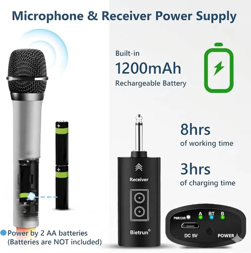 Vista 4 de Bietrun - Micrófonos inalámbricos con eco, agudos, graves y Bluetooth, rango de 160 pies, sistema de micrófono dinámico de mano UHF portátil
