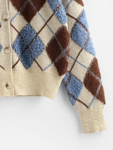 Vista 4 de ZAFUL Suéter de punto casual para mujer, cuello en V, hombros caídos, con botones, ropa de abrigo suelta