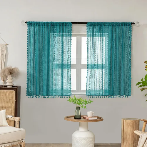 Vista 32 de WAZZIO Cortinas de Encaje, Cortina Boho de Crochet para Dormitorio, Cortinas de Café de Algodón, 45 Pulgadas de Largo, 2 Paneles con Bolsillo