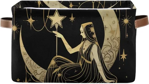 Vista 16 de Cesta de almacenamiento, astrología mística, símbolo oculto alrededor de la luna, lona duradera, plegable, caja de juguetes, contenedor organizador