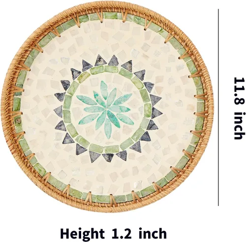 Vista 6 de Kmelep Bandeja redonda de ratán con incrustaciones de madreperla, bandeja de ratán con base de madera, cesta decorativa de mimbre para decoración