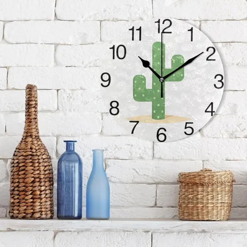 Vista 3 de senya Reloj de pared redondo de cactus del desierto, pintura al óleo silenciosa sin tictac, decorativo para el hogar, oficina, escuela, arte