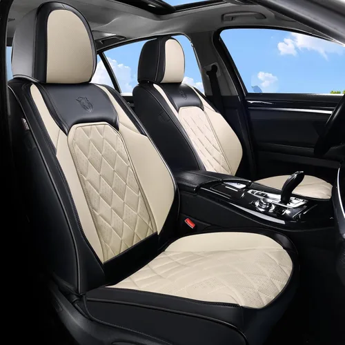Vista 24 de Coverado Fundas de Asientos Delanteros, Funda de Asiento de Cuero Sintético de Lujo Impermeable, Protector de Asiento de Coche Beige, Funda