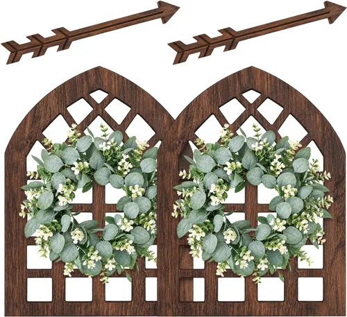 Vista 12 de Marco de ventana de madera rústica con corona verde y flechas para decoración de pared, marco de ventana estilo granja colgante, decoración falsa