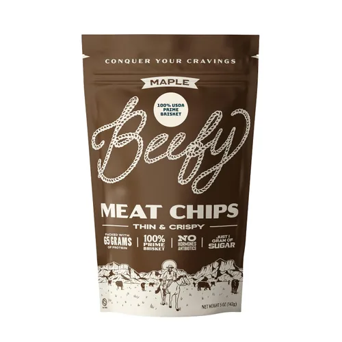 Vista 16 de BEEFY Meat Chips - Mostaza Miel - 2.5oz. 100% Prime Brisket. 13g de proteína por onza.
