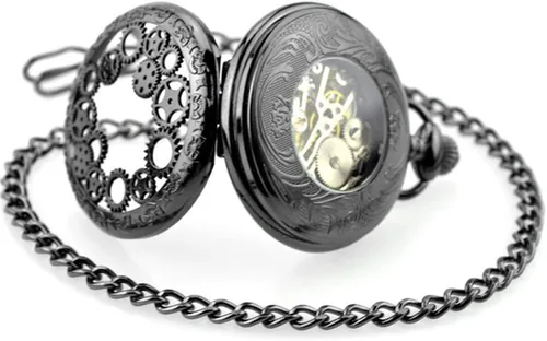 Vista 6 de Avaner Steampunk Retro Half Hunter Copper Gear Skeleton Hand Wind Mecánico Número romano árabe Pantalla analógica Reloj de bolsillo con cadena de 14