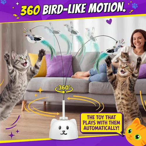 Vista 7 de Juguetes interactivos para gatos de interior: Varita de plumas de ave voladora con giro automático de 360° mejorada con varilla protegida de Blanco
