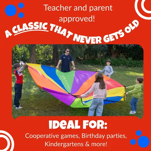 Vista 5 de Activejoy - Paracaídas para niños - 8 pies/12 pies/20 pies / 24 pies - Juguete de paracaídas arcoíris con asas - Ideal para clases de gimnasio, día