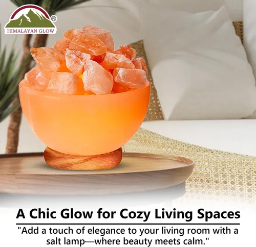 Vista 3 de Himalayan Glow Lámpara de cuenco de masaje con trozos de cristal de sal natural, cable de atenuación con base de madera clásica, lámpara de sal