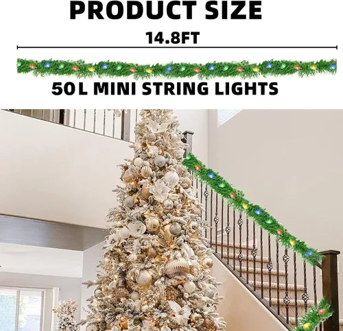 Vista 2 de Nerosun Guirnalda de Navidad artificial de 14.8 pies, 50 mini luces LED preiluminadas, funciona con pilas, guirnalda de Navidad para el hogar