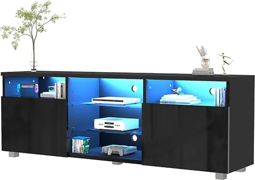 Vista 5 de St.Mandyu Soporte de TV LED para TV de 75/80 pulgadas, Mesa de Televisión Moderna Centro de Consola de Medios con Cajón y Luces LED, Centro