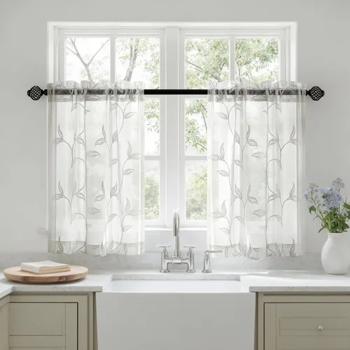 Vista 32 de VISIONTEX 2 paneles de cortinas traslúcidas de 63 in de largo, cortinas de gasa semitransparentes bordadas con hojas florales beige, bolsillo