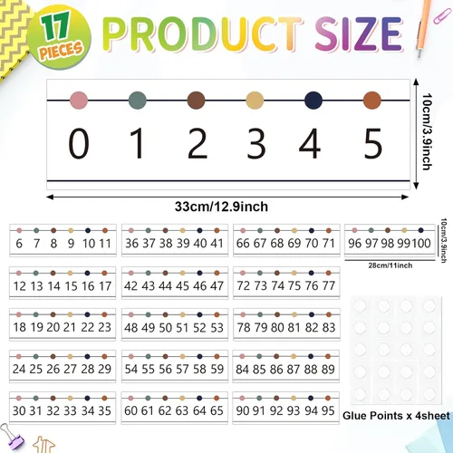 Vista 2 de Borde de tablón de anuncios de línea numérica, 0-100 líneas numéricas para decoración de pared de aula, tablero de anuncios de matemáticas