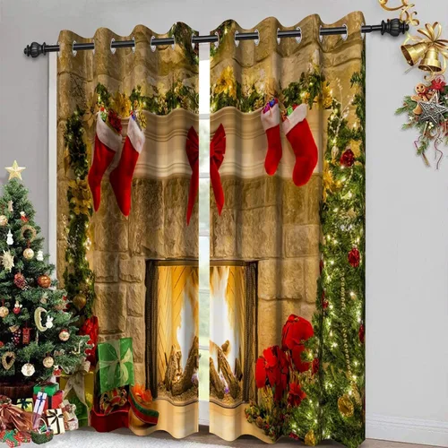 Vista 16 de Cortinas con adornos de Navidad impresos, cortinas para ventana de chimenea, calcetines de Navidad, árboles de Navidad, regalos, paneles opacos