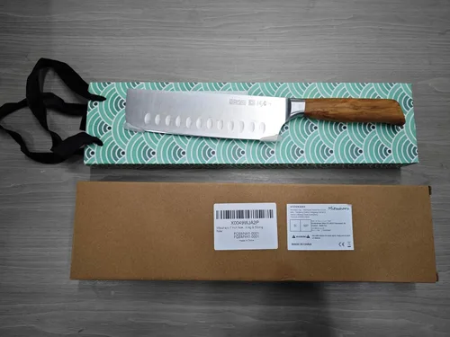 Vista 9 de Mitsuharu Cuchillo Nakiri de 7 pulgadas, cuchillo para verduras serie SHOMAN, hoja afilada, mango ergonómico de madera de olivo, cuchillo de carne