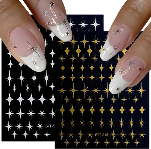 Vista 5 de 6 hojas de calcomanías de uñas de estrellas doradas 3D autoadhesivas plateadas, calcomanías de uñas degradadas de corazón y luna, calcomanías
