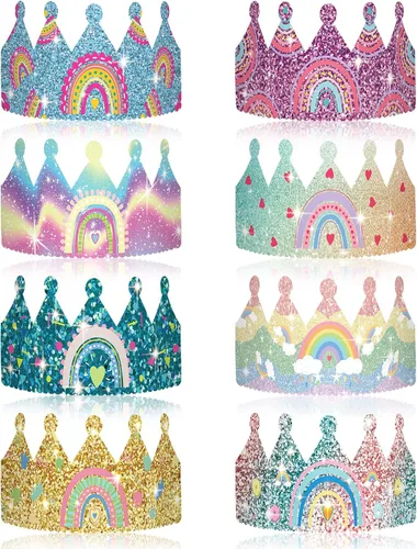 Vista 7 de Kathfly Sombreros de fiesta de cumpleaños arcoíris con corona de arco iris para cumpleaños de niños, eventos, suministros de fiesta temática de arco