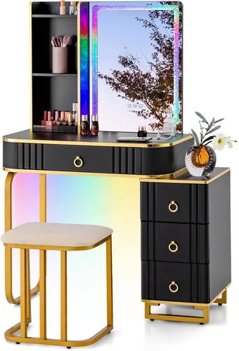 Vista 9 de CHARMAID RBG - Mesa de tocador de maquillaje LED, espejo iluminado colorido, 7 modos dinámicos y 7 estáticos, baúl de 3 cajones, 3 estantes, cajón