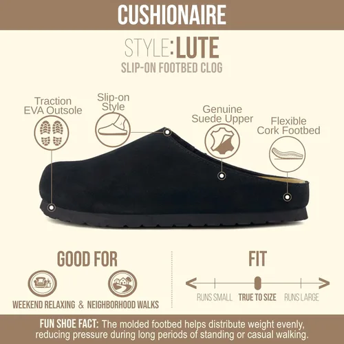 Vista 4 de CUSHIONAIRE Lute - Zuecos de piel de gamuza auténtica para mujer para interiores y exteriores, cómodos zuecos para mujer con plantilla acolchada