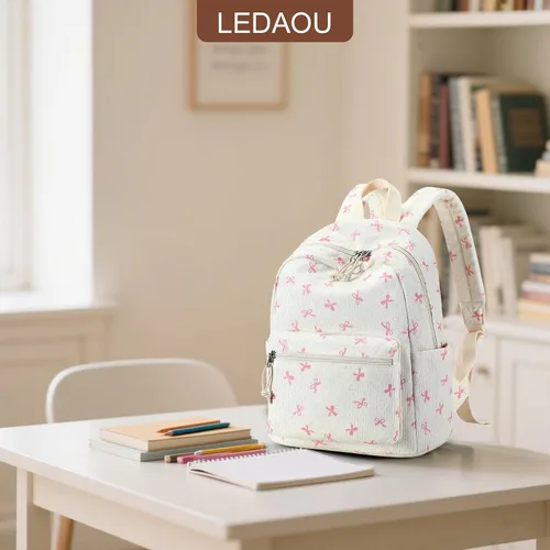 Vista 9 de LEDAOU Mini mochila para niñas, bonita mochila pequeña para mujeres, adolescentes, niños, escuela, viajes, bolso de hombro, Lazo rosado, Pequeño