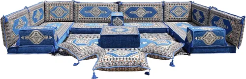 Vista 139 de arabicsofa Sofá en forma de U de estilo árabe para el suelo – Juego de Majlis hecho a mano – Sofá de estilo bohemio