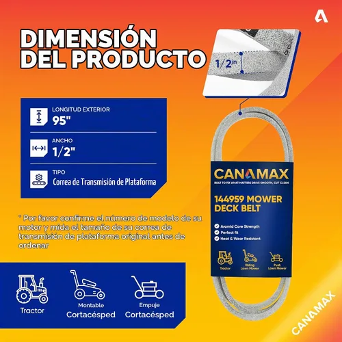 Vista 2 de Canamax 144959 - Cinturón de cubierta de cortacésped – Cable de aramida de 1/2 pulgadas x 95 pulgadas – para cubierta Craftsman LT3000 DLT3000