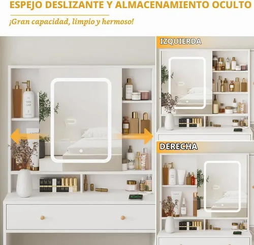 Vista 4 de Vabches Escritorio de tocador blanco con espejo y luces, mesa de tocador de maquillaje con luces, 3 cajones y armarios, estación de carga y puerta