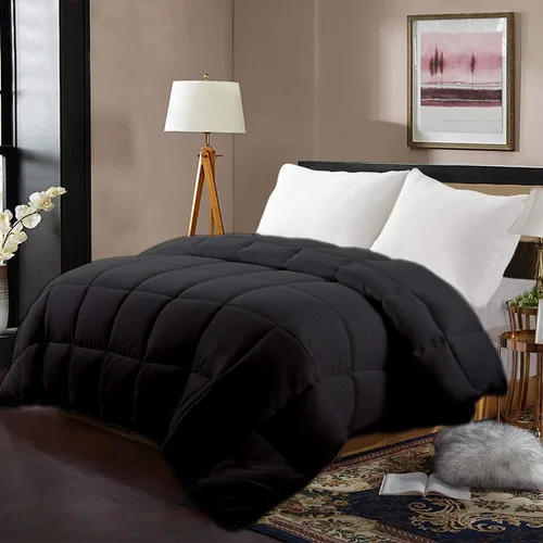 Vista 2 de Edredón de algodón alternativo hipoalergénico para todas las estaciones, ultra suave, relleno 750, tamaño individual XL, mide 68 x 92 pulgadas, Negro