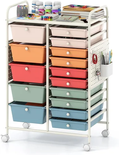 Vista 15 de Giantex Carrito de almacenamiento rodante con 10 cajones, carrito utilitario con tablero, organizador de cajones con ruedas para manualidades, arte