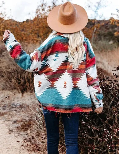 Vista 6 de VIEWON Chaqueta de manga larga con estampado azteca para mujer estilo occidental con botones ligera casual con solapa