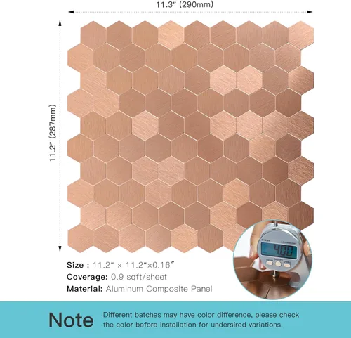 Vista 2 de Azulejos hexagonales para despegar y pegar, panel de textura de aluminio cepillado de cobre claro, azulejos de mosaico autoadhesivos para cocina