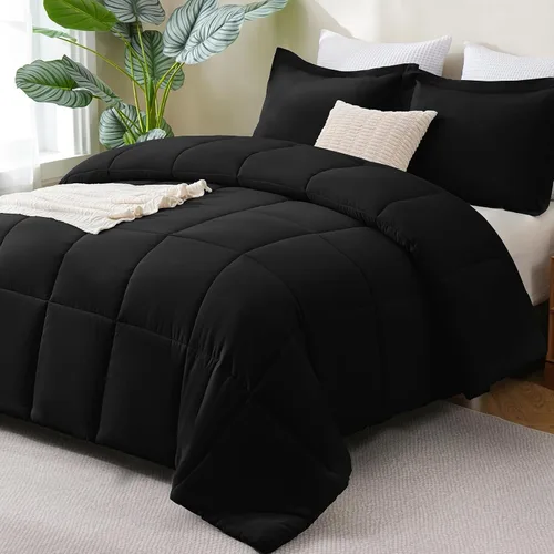 Vista 28 de CozyLux Juego de edredón Super King, juego de ropa de cama negro ceniza de 270GSM para todas las estaciones, juego de cama de 3 piezas cosidas