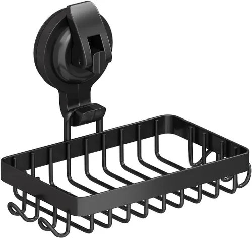 Vista 4 de Soporte de Jabón para Ducha, Jabonera con Ventosa para Ducha con 4 Ganchos, Acero Inoxidable 304, Negro