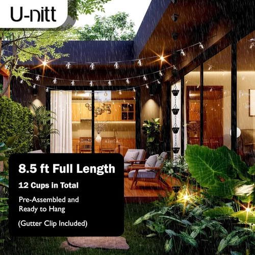 Vista 3 de U-nitt Cadena de lluvia colección de agua para canalones, atrapador de agua de lluvia y desviador, cadenas de 8.5 pies para jardín exterior, copas