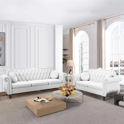 Vista 6 de AVZEAR Chesterfield - Juego de sofás seccional de 2 piezas para sala de estar, sofá tapizado en terciopelo moderno de mediados de siglo, sofá Blanco