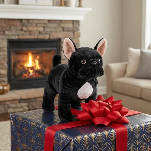 Vista 7 de Juguete de peluche de bulldog negro, realista de 13 pulgadas, animal de peluche de perro Bulldog negro, lindo juguete de peluche para cachorros
