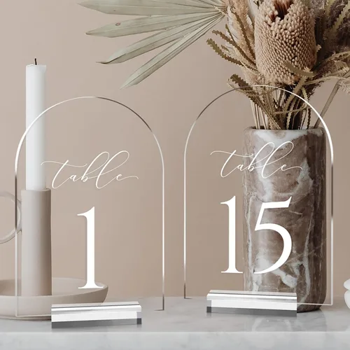 Vista 10 de Números de mesa de arco transparente para boda, mesa de acrílico arqueada de 5 x 7 pulgadas, números 1-10 con soportes, letrero de arco de acrílico