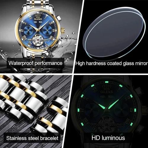 Vista 5 de OLEVS Relojes automáticos mecánicos Tourbillon de acero inoxidable, impermeables, luminosos, de lujo, para hombre