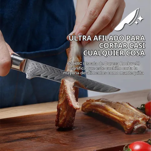 Vista 6 de Master Maison Cuchillo de filete de acero de Damasco de 6 pulgadas con mango de espiga completa, funda, piedra de afilar, caja de almacenamiento